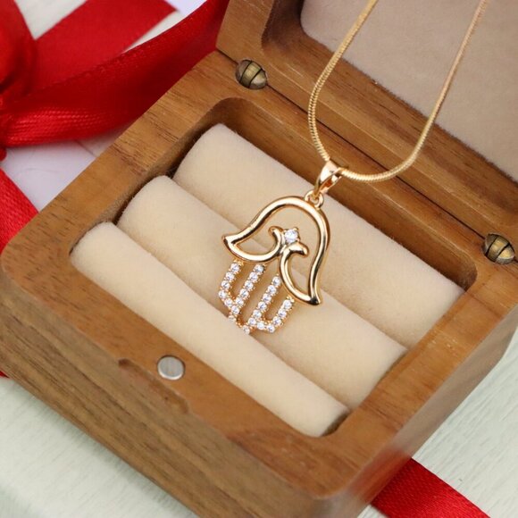 "Rose Gold Hamsa Hand Pendant in Gold Plated Brass with Accents, XPPT1760 - Picture 9 of 13